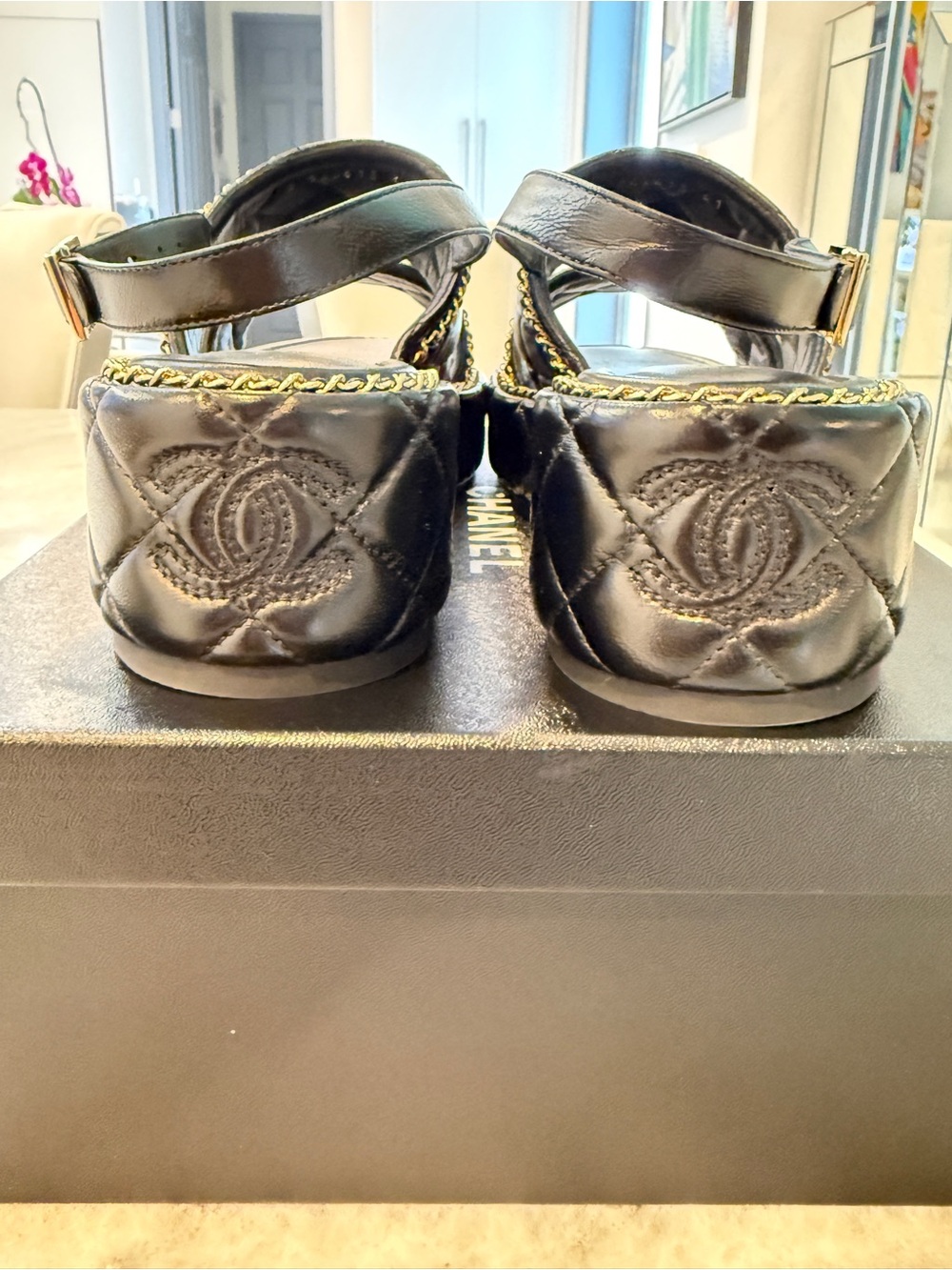 CHANEL Black Quilted Leather Platform Sandals with Gold Chain Trim NIB 25 A - Picture 6 of 8